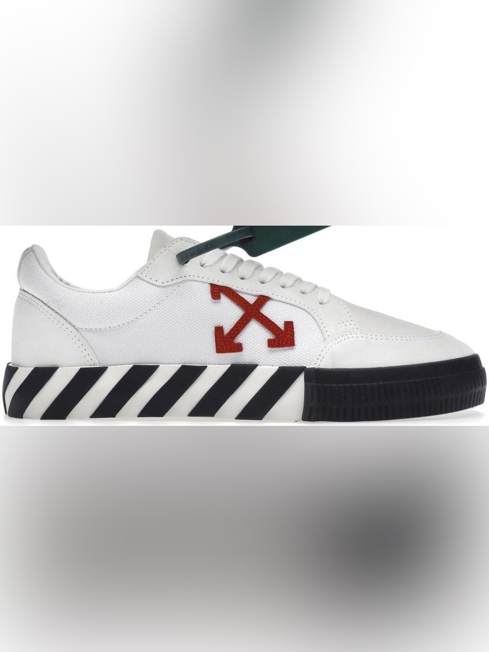 Off-White White Low-Top Sneaker with Red Arrow and Black Stripe Sole